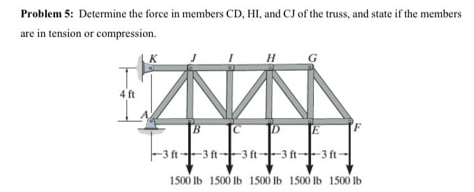 Problem 5: Determine the force in members CD, HI, and CJ of the truss, and state if the members
are in tension or compression.
K
I
G
4 ft
B
|E
F
-3 ft --3 ft--3 ft3 ft--3 ft-
1500 Ib 1500 lb 1500 lb 1500 lb 1500 lb
