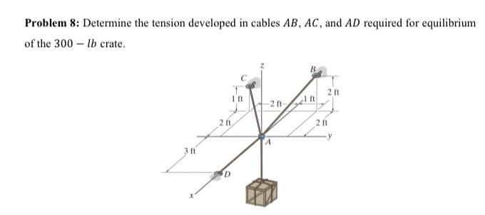 Problem 8: Determine the tension developed in cables AB, AC , and AD required for equilibrium
of the 300 – lb crate.
B.
2 ft
1ft
-2 ft
2 f
2 ft
3 ft
