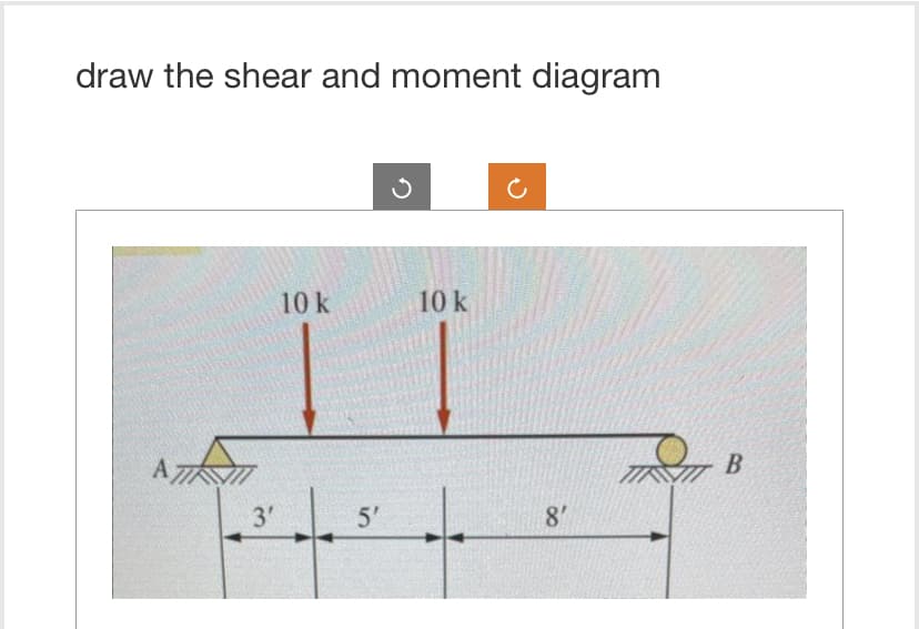 draw the shear and moment diagram
3'
10 k
5'
10 k
8'
B