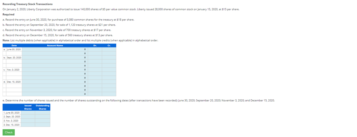 Recording Treasury Stock Transactions
On January 2, 2020, Liberty Corporation was authorized to issue 140,000 shares of $5 par value common stock. Liberty issued 28,000 shares of common stock on January 15, 2020, at $15 per share.
Required
a. Record the entry on June 30, 2020, for purchase of 3,080 common shares for the treasury at $18 per share.
b. Record the entry on September 20, 2020, for sale of 1,120 treasury shares at $21 per share.
c. Record the entry on November 3, 2020, for sale of 700 treasury shares at $17 per share.
d. Record the entry on December 15, 2020, for sale of 560 treasury shares at $13 per share.
Note: List multiple debits (when applicable) in alphabetical order and list multiple credits (when applicable) in alphabetical order.
Date
a. June 30, 2020
b. Sept. 20, 2020
c. Nov. 3, 2020
d. Dec. 15, 2020
Account Name
Dr.
=
Cr.
e. Determine the number of shares issued and the number of shares outstanding on the following dates (after transactions have been recorded): June 30, 2020; September 20, 2020; November 3, 2020; and December 15, 2020.
1. June 30, 2020
2. Sept. 20, 2020
3. Nov. 3, 2020
3. Dec. 15, 2020
Check
Issued
Shares
Outstanding
Shares