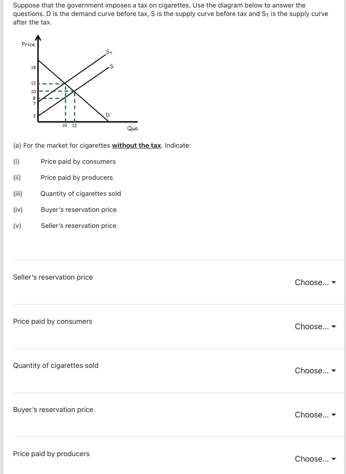 Suppose that the government imposes a tax on cigarettes. Use the diagram below to answer the
questions. D is the demand curve before tax, S is the supply curve before tax and ST is the supply curve
after the tax.
Price
ST
18
is
12
10
8
7
D
10 12
Qua
(a) For the market for cigarettes without the tax. Indicate:
(i)
Price paid by consumers
(ii)
Price paid by producers
(ii)
Quantity of cigarettes sold
(iv)
Buyer's reservation price
(v)
Seller's reservation price
Seller's reservation price
Choose...
Price paid by consumers
Choose...
Quantity of cigarettes sold
Choose...
Buyer's reservation price
Choose...
Price paid by producers
Choose...
