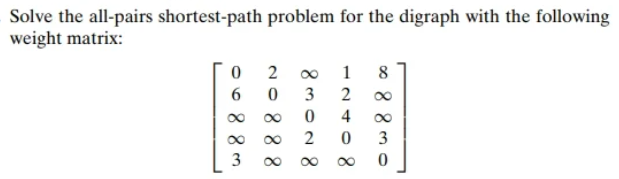 Solve the all-pairs shortest-path problem for the digraph with the following
weight matrix:
66883
88800
2
83008
12408
∞8830