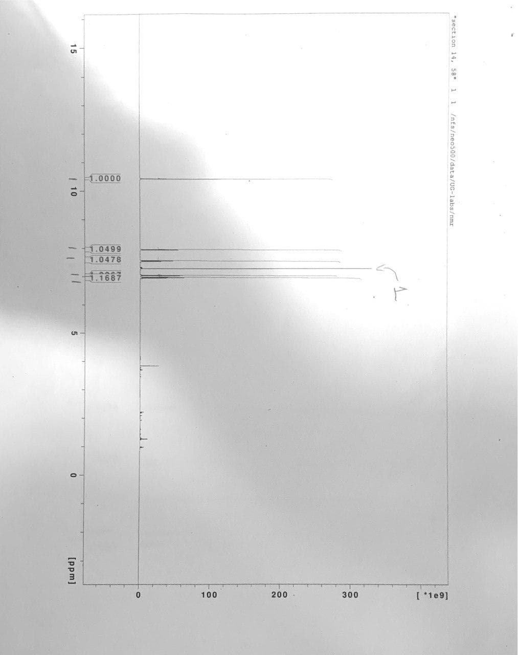 1.0000
- 1.0499
1.0478
=4.1667
300
[ *1e9]
100
200
"section 14, 58"
1 1
/nfs/neo500/data/UG-labs/nmr
15
| 10
5
[ppm]
