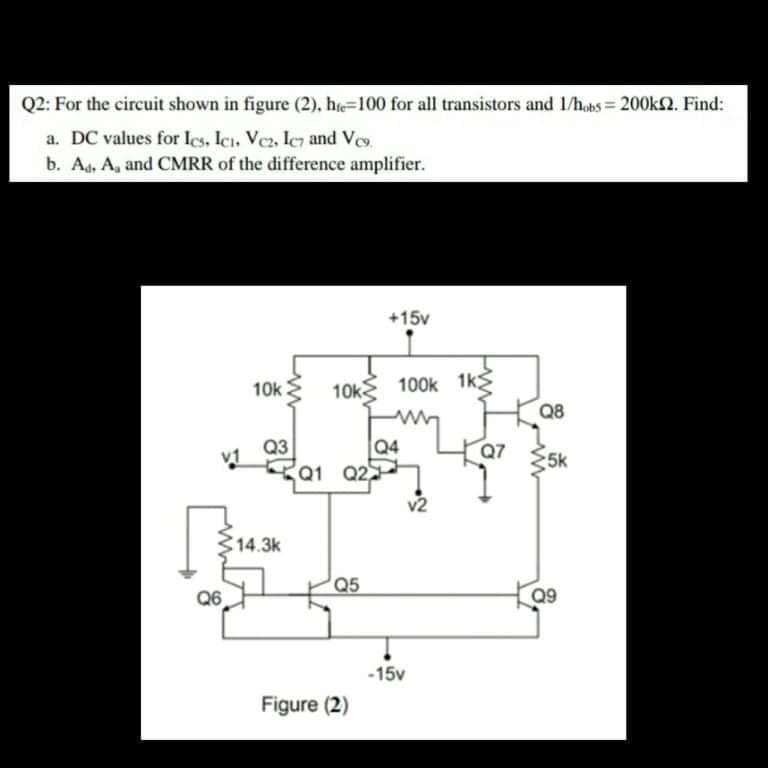 Q2: For the circuit shown in figure (2), he=100 for all transistors and 1/hobs = 200k2. Find:
a. DC values for Ics, Ici. Vez, Ic7 and Vco.
b. Ad, A, and CMRR of the difference amplifier.
+15v
10KE
100k 1k
10k
Q8
Q3
v1
Q7
25k
Q1 Q2
14.3k
Q5
Q6
Q9
-15v
Figure (2)
