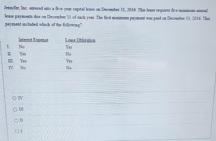 Jennifer, Inc. entered into a five-year capital lease on December 31, 2016. This lease requires five minimum annual
lease payments due on December 31 of each year. The first minimum payment was paid on December 31, 2016. This
payment included which of the following?
L
II.
III
IV
Interest Expense
No
Yes
Yes
No
OIV
O III
Ο II
ΟΙ
Lease Obligation
Yes
No
Yes
No