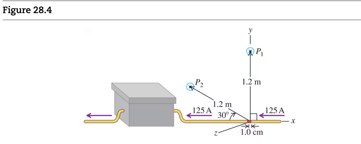 Figure 28.4
P2
125 A
1.2 m
30°7
y
|
P₁
1.2 m
业不
1.0 cm
125 A
X