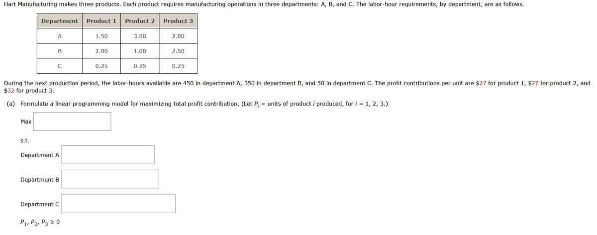 Hart Manufacturing makes three products. Each product requires manufacturing operations in three departments: A, B, and C. The labor-hour requirements, by department, are as follows.
Department Product 1 Product 2 Product 3
Max
A
s.t.
B
C
Department A
Department B
Department C
1.50
P1, P2, P320
2.00
0.25
3.00
During the next production period, the labor-hours available are 450 in department A, 350 in department B, and 50 in department C. The profit contributions per unit are $27 for product 1, $27 for product 2, and
$32 for product 3.
(a) Formulate a linear programming model for maximizing total profit contribution. (Let P; = units of product i produced, for i = 1, 2, 3.)
1.00
0.25
2.00
2.50
0.25