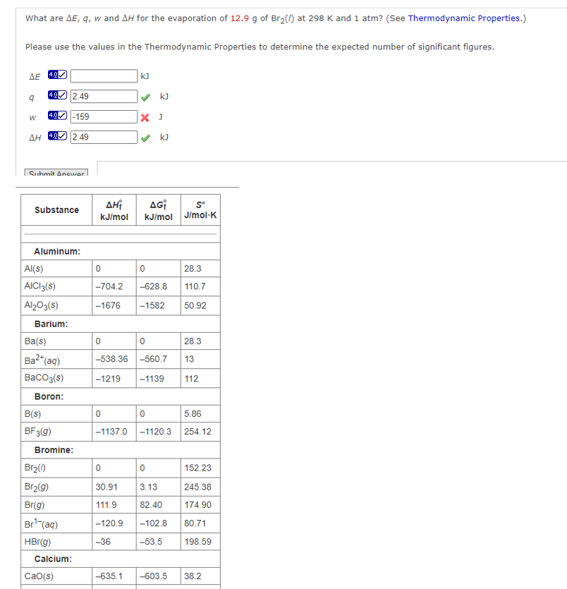 What are AE, q, w and AH for the evaporation of 12.9 g of Br₂(/) at 298 K and 1 atm? (See Thermodynamic Properties.)
Please use the values in the Thermodynamic Properties to determine the expected number of significant figures.
AE 40
4.9
2.49
4.0 -159
AH 40 2.49
9
W
Submit Answer
Substance
Aluminum:
Al(s)
AICI 3(S)
Al₂O3(S)
Barium:
Ba(s)
Ba²+ (aq)
BaCO3(s)
Boron:
B(s)
BF 3(g)
Bromine:
Br₂(1)
Br₂(g)
Br(g)
Br¹-(aq)
HBr(g)
Calcium:
| CaO(s)
Sº
AH₁
AGI
kJ/mol kJ/mol J/mol-K
0
kJ
28.3
-704.2 -628.8 110.7
-1676 -1582 50.92
0
✔ KJ
X J
✔ KJ
0
0
0
28.3
-538.36 -560.7
13
-1219 -1139 112
0
-1137.0 -1120.3
5.86
254.12
0
0
152.23
30.91
3.13
245.38
111.9
82.40
174.90
-120.9 -102.8 80.71
-36
-53.5 198.59
-635.1 -603.5 38.2