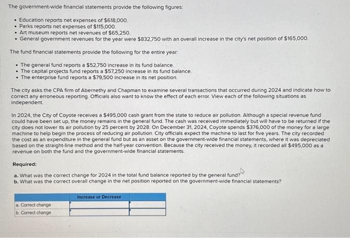 The government-wide financial statements provide the following figures:
• Education reports net expenses of $618,000.
• Parks reports net expenses of $115,000.
. Art museum reports net revenues of $65,250.
• General government revenues for the year were $832,750 with an overall increase in the city's net position of $165,000.
The fund financial statements provide the following for the entire year:
• The general fund reports a $52,750 increase in its fund balance.
The capital projects fund reports a $57,250 increase in its fund balance.
• The enterprise fund reports a $79,500 increase in its net position.
The city asks the CPA firm of Abernethy and Chapman to examine several transactions that occurred during 2024 and indicate how to
correct any erroneous reporting. Officials also want to know the effect of each error. View each of the following situations as
Independent.
In 2024, the City of Coyote receives a $495,000 cash grant from the state to reduce air pollution. Although a special revenue fund
could have been set up, the money remains in the general fund. The cash was received immediately but will have to be returned if the
city does not lower its air pollution by 25 percent by 2028. On December 31, 2024, Coyote spends $376,000 of the money for a large
machine to help begin the process of reducing air pollution City officials expect the machine to last for five years. The city recorded
the cost as an expenditure in the general fund but as an asset on the government-wide financial statements, where it was depreciated
based on the straight-line method and the half-year convention. Because the city received the money, it recorded all $495,000 as a
revenue on both the fund and the government-wide financial statements.
Required:
a. What was the correct change for 2024 in the total fund balance reported by the general fund?
b. What was the correct overall change in the net position reported on the government-wide financial statements?
a. Correct change
b. Correct change
Increase or Decrease