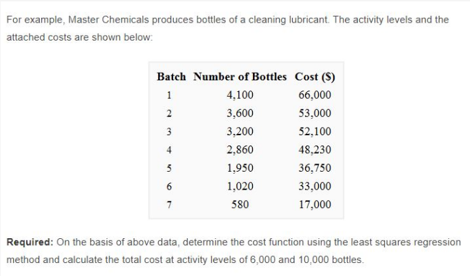 For example, Master Chemicals produces bottles of a cleaning lubricant. The activity levels and the
attached costs are shown below:
Batch Number of Bottles Cost (S)
1
4,100
66,000
2
3,600
53,000
3
3,200
52,100
4
2,860
48,230
5
1,950
36,750
6
1,020
33,000
7
580
17,000
Required: On the basis of above data, determine the cost function using the least squares regression
method and calculate the total cost at activity levels of 6,000 and 10,000 bottles.