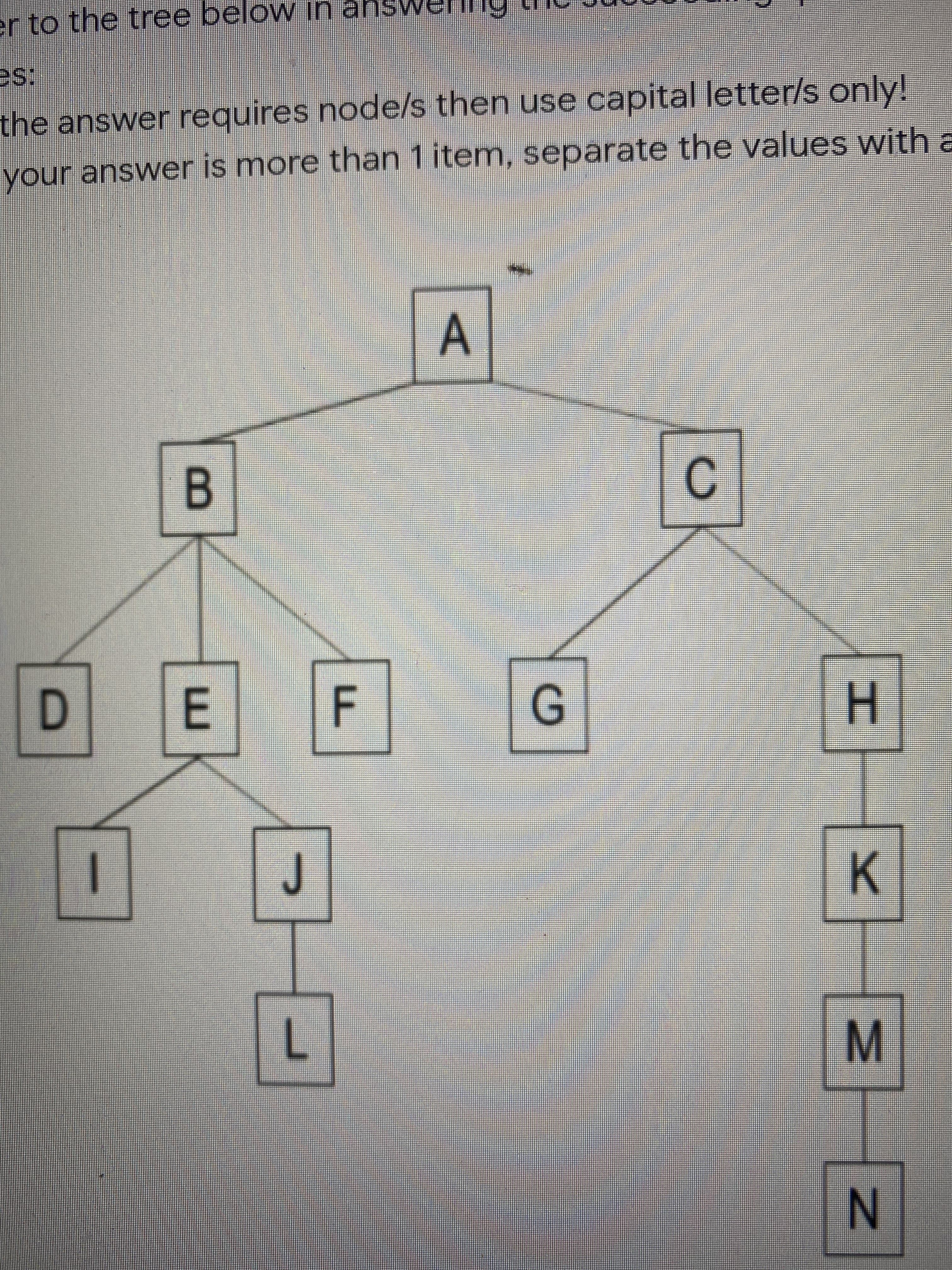 F.
E.
N
N
K.
エ
B.
your answer is more than 1 item, separate the values witha
the answer requires node/s then use capital letter/s only!
er to the tree below in ahsW

