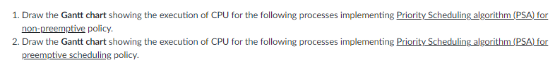 1. Draw the Gantt chart showing the execution of CPU for the following processes implementing Priority Scheduling algorithm (PSA) for
non-preemptive policy.
2. Draw the Gantt chart showing the execution of CPU for the following processes implementing Priority Scheduling algorithm (PSA) for
preemptive scheduling policy.
