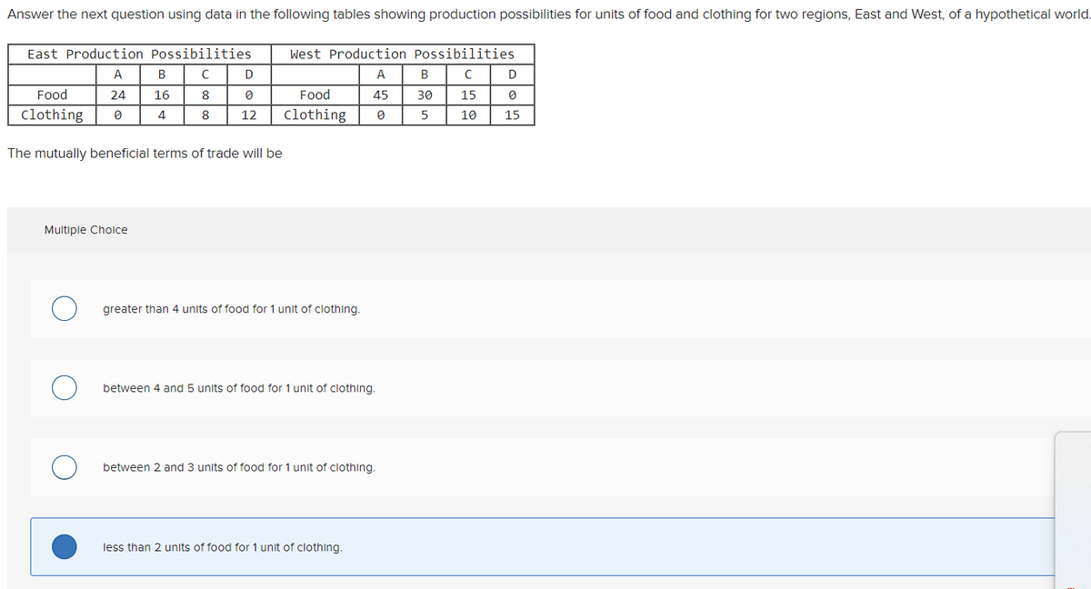 Answer the next question using data in the following tables showing production possibilities for units of food and clothing for two regions, East and West, of a hypothetical world.
East Production Possibilities
C
A
24
Food
Clothing 0
The mutually beneficial terms of trade will be
Multiple Choice
B
16
4
O
8
8
D
12
West Production Possibilities
C D
15
10 15
Food
clothing
greater than 4 units of food for 1 unit of clothing.
A
45
0
between 4 and 5 units of food for 1 unit of clothing.
between 2 and 3 units of food for 1 unit of clothing.
less than 2 units of food for 1 unit of clothing.
B
30
5