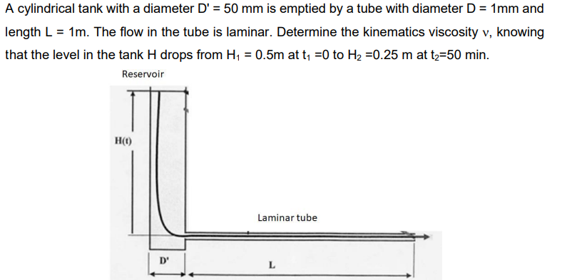 A cylindrical tank with a diameter D' = 50 mm is emptied by a tube with diameter D = 1mm and
length L = 1m. The flow in the tube is laminar. Determine the kinematics viscosity v, knowing
that the level in the tank H drops from H₁ = 0.5m at t₁ =0 to H₂ =0.25 m at t₂-50 min.
Reservoir
H(1)
D'
Laminar tube
L