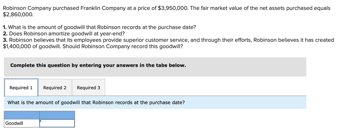 Robinson Company purchased Franklin Company at a price of $3,950,000. The fair market value of the net assets purchased equals
$2,860,000.
1. What is the amount of goodwill that Robinson records at the purchase date?
2. Does Robinson amortize goodwill at year-end?
3. Robinson believes that its employees provide superior customer service, and through their efforts, Robinson believes it has created
$1,400,000 of goodwill. Should Robinson Company record this goodwill?
Complete this question by entering your answers in the tabs below.
Required 1
Required 2 Required 3
What is the amount of goodwill that Robinson records at the purchase date?
Goodwill