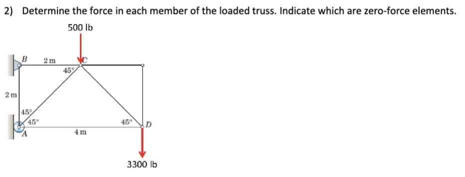 2) Determine the force in each member of the loaded truss. Indicate which are zero-force elements.
500 lb
B
2m
45%
2 m
45%
45°
4m
45
D
3300 lb