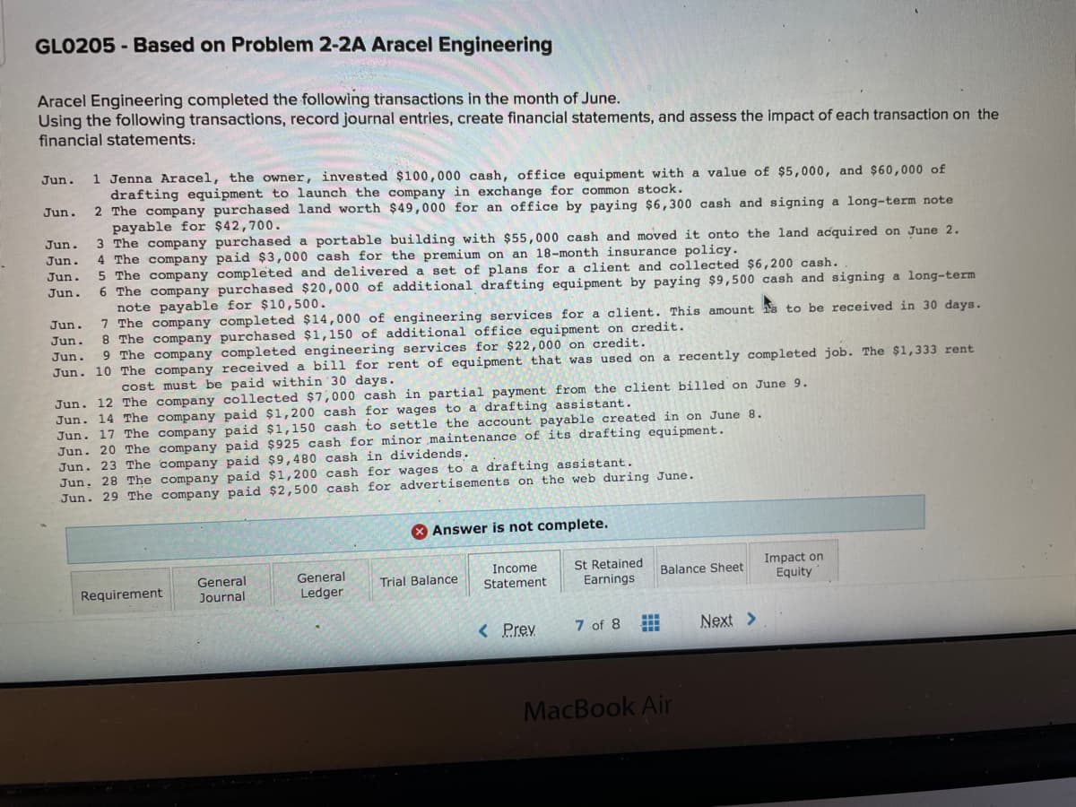 GLO205 - Based on Problem 2-2A Aracel Engineering
Aracel Engineering completed the following transactions in the month of June.
Using the following transactions, record journal entries, create financial statements, and assess the impact of each transaction on the
financial statements:
1 Jenna Aracel, the owner, invested $100,000 cash, office equipment with a value of $5,000, and $60,000 of
drafting equipment to launch the company in exchange for common stock.
2 The company purchased land worth $49,000 for an office by paying $6,300 cash and signing a long-term note
payable for $42,700.
3 The company purchased a portable building with $55,000 cash and moved it onto the land acquired on June 2.
4 The company paid $3,000 cash for the premium on an 18-month insurance policy.
5 The company completed and delivered a set of plans for a client and collected $6,200 cash.
6 The company purchased $20,000 of additional drafting equipment by paying $9,500 cash and signing a long-term
note payable for $10,500.
7 The company completed $14,000 of engineering services for a client. This amount s to be received in 30 days.
8 The company purchased $1,150 of additional office equipment on credit.
9 The company completed engineering services for $22,000 on credit.
Jun.
Jun.
Jun.
Jun.
Jun.
Jun.
Jun.
Jun.
Jun.
Jun. 10 The company received a bill for rent of equipment that was used on a recently completed job. The $1,333 rent
cost must be paid within 30 days.
Jun. 12 The company collected $7,000 cash in partial payment from the client billed on June 9.
Jun. 14 The company paid $1,200 cash for wages to a drafting assistant.
Jun. 17 The company paid $1,150 cash to settle the account payable created in on June 8.
Jun. 20 The company paid $925 cash for minor maintenance of its drafting equipment.
Jun. 23 The company paid $9,480 cash in dividends.
Jun. 28 The company paid $1,200 cash for wages to a drafting assistant.
Jun. 29 The company paid $2,500 cash for advertisements on the web during June.
X Answer is not complete.
St Retained
Earnings
Impact on
Equity
Income
General
Ledger
General
Balance Sheet
Trial Balance
Requirement
Journal
Statement
< Prev
7 of 8
Next >
MacBook Air
