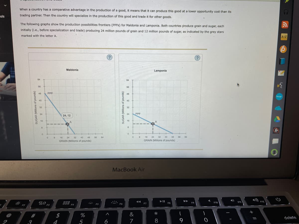 When a country has a comparative advantage in the production of a good, it means that it can produce this good at a lower opportunity cost than its
ols
trading partner. Then the country will specialize in the production of this good and trade it for other goods.
The following graphs show the production possibilities frontiers (PPFS) for Maldonia and Lamponia. Both countries produce grain and sugar, each
initially (I.e., before specialization and trade) producing 24 million pounds of grain and 12 million pounds of sugar, as indicated by the grey stars
marked with the letter A.
A-Z
(?
Maldonia
Lamponia
64
64
56
56
48
PPF
48
40
40
32
32
24
24
PPF
24, 12
16
16
16
24
32
40
48
56
64
16
24
32
40
48
56
64
GRAIN (Millions of pounds)
GRAIN (Millions of pounds)
MacBook Air
F12
000
A00 CA
F11
吕口,
F7
F8
F9
F10
F3
F4
F5
F6
&
*
2$
4
%23
delete
2
3
5
6
7
8
9
SUGAR (Millions of pounds)
(spunod jo suoiuw) Vans
