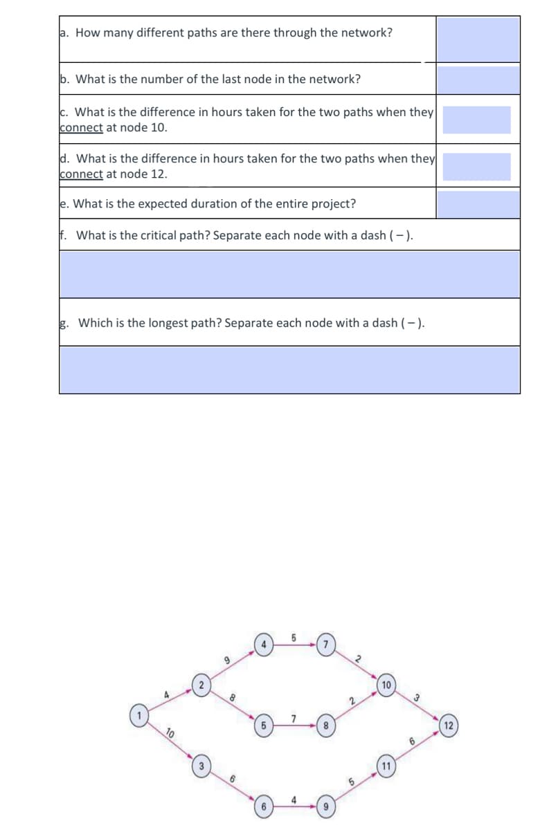 a. How many different paths are there through the network?
b. What is the number of the last node in the network?
c. What is the difference in hours taken for the two paths when they
connect at node 10.
d. What is the difference in hours taken for the two paths when they
connect at node 12.
e. What is the expected duration of the entire project?
f. What is the critical path? Separate each node with a dash (-).
g. Which is the longest path? Separate each node with a dash (-).
10
9
10