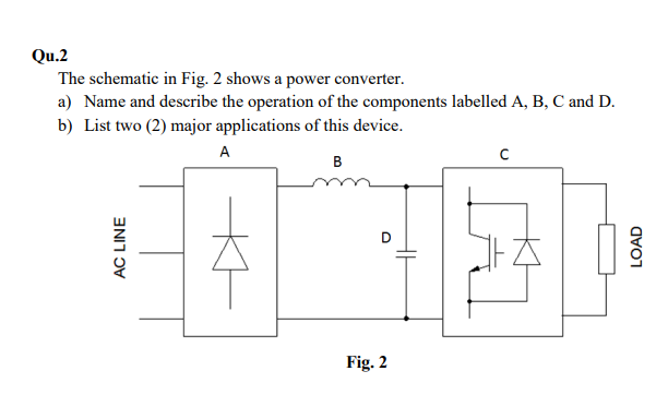 Qu.2
The schematic in Fig. 2 shows a power converter.
a) Name and describe the operation of the components labelled A, B, C and D.
b) List two (2) major applications of this device.
A
B
D
Fig. 2
LOAD
