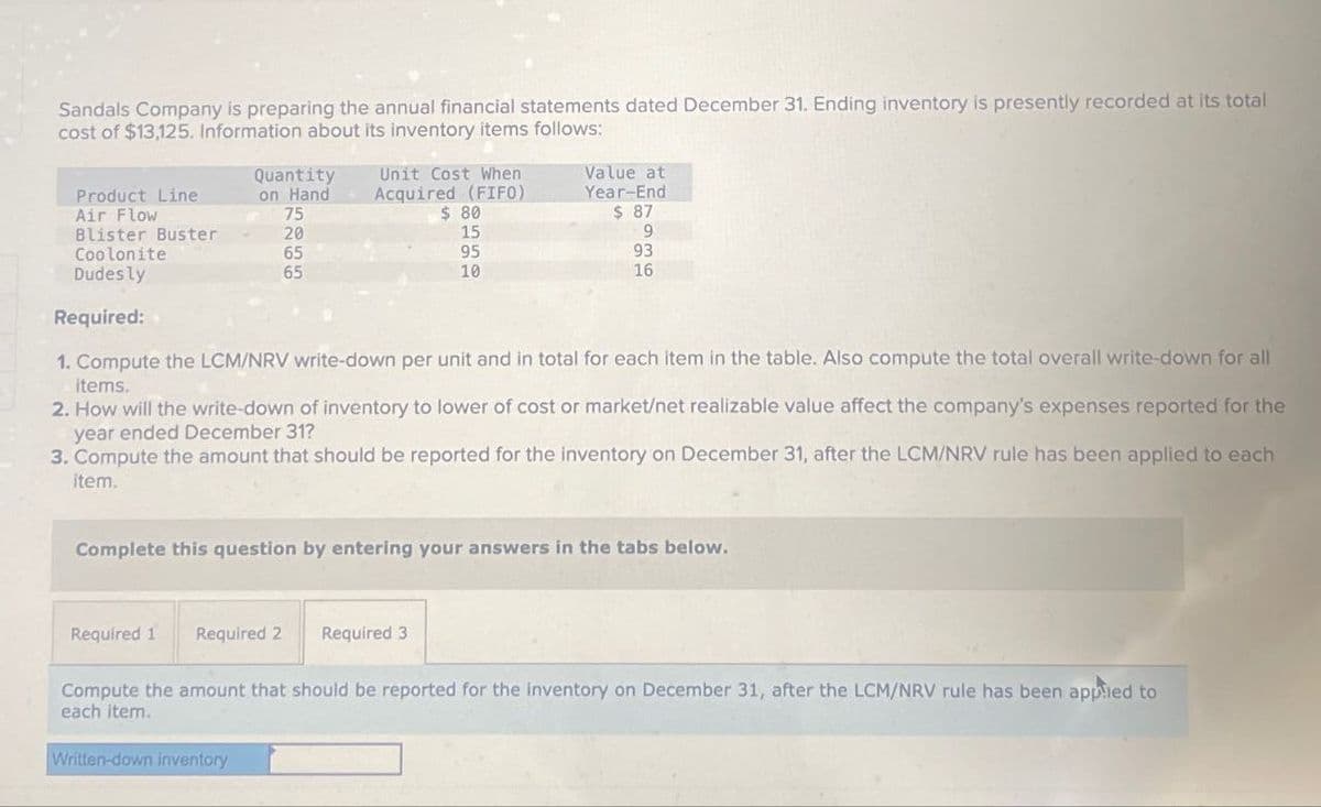 Sandals Company is preparing the annual financial statements dated December 31. Ending inventory is presently recorded at its total
cost of $13,125. Information about its inventory items follows:
Product Line
Air Flow
Quantity
on Hand
75
Blister Buster
Coolonite
Dudes ly
20
65
65
Unit Cost When
Acquired (FIFO)
$ 80
15
95
10
Value at
Year-End
$ 87
9
93
16
Required:
1. Compute the LCM/NRV write-down per unit and in total for each item in the table. Also compute the total overall write-down for all
items.
2. How will the write-down of inventory to lower of cost or market/net realizable value affect the company's expenses reported for the
year ended December 31?
3. Compute the amount that should be reported for the inventory on December 31, after the LCM/NRV rule has been applied to each
item.
Complete this question by entering your answers in the tabs below.
Required 1 Required 2
Required 3
Compute the amount that should be reported for the inventory on December 31, after the LCM/NRV rule has been applied to
each item.
Written-down inventory