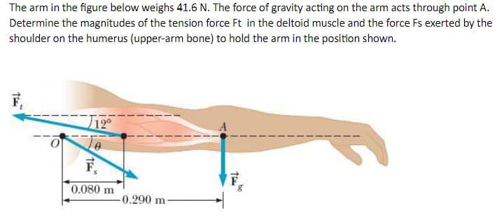 The arm in the figure below weighs 41.6 N. The force of gravity acting on the arm acts through point A.
Determine the magnitudes of the tension force Ft in the deltoid muscle and the force Fs exerted by the
shoulder on the humerus (upper-arm bone) to hold the arm in the position shown.
12°
0.080 m
-0.290 m-