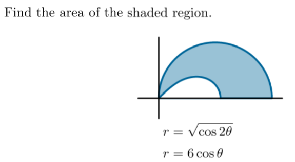 Find the area of the shaded region.
r = Vcos 20
r = 6 cos 0
