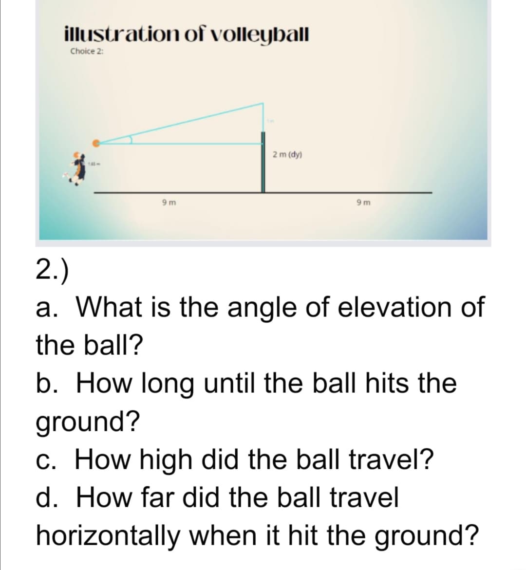 illustration of volleyball
Choice 2:
2 m (dy)
9 m
9 m
2.)
a. What is the angle of elevation of
the ball?
b. How long until the ball hits the
ground?
c. How high did the ball travel?
d. How far did the ball travel
horizontally when it hit the ground?
