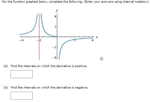 For the function graphed below, complete the following. (Enter your answers using interval notation.)
2
(a) Find the intervals on which the derivative is positive.
(b) Find the intervals on which the derivative is negative.
X