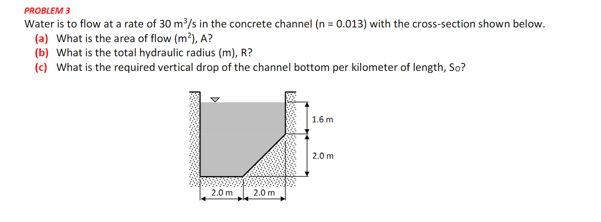 PROBLEM 3
Water is to flow at a rate of 30 m³/s in the concrete channel (n = 0.013) with the cross-section shown below.
(a) What is the area of flow (m²), A?
(b) What is the total hydraulic radius (m), R?
(c) What is the required vertical drop of the channel bottom per kilometer of length, So?
1.6 m
2.0 m
2.0 m
2.0 m