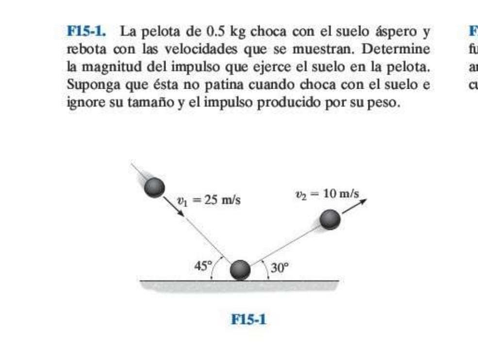 F15-1. La pelota de 0.5 kg choca con el suelo áspero y
rebota con las velocidades que se muestran. Determine
la magnitud del impulso que ejerce el suelo en la pelota.
Suponga que ésta no patina cuando choca con el suelo e
ignore su tamaño y el impulso producido por su peso.
F
fu
ar
CL
= 25 m/s
V2 = 10 m/s
45°
30°
F15-1

