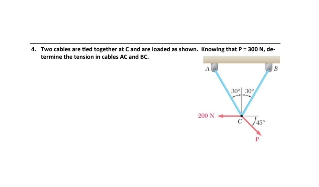4. Two cables are tied together at C and are loaded as shown. Knowing that P = 300 N, de-
termine the tension in cables AC and BC.
A
200 N
30° 30°
C 45°
B