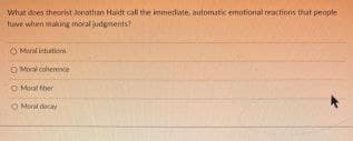 What does theorist Jonathan Haidt call the immediate, automatic emotional reactions that people
have when making moral judgments?
Maralitution
Moral coherence
O Moal fiber
Moral decay