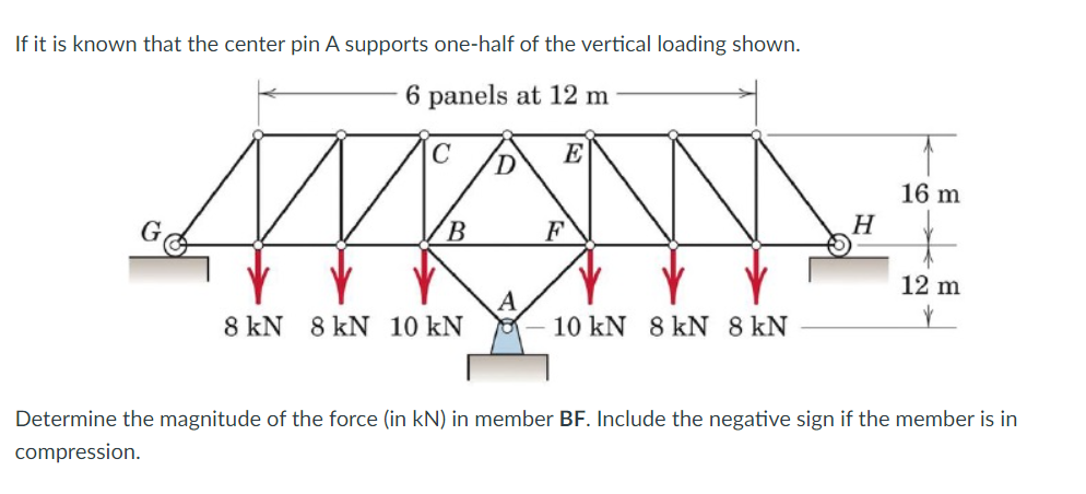 If it is known that the center pin A supports one-half of the vertical loading shown.
6 panels at 12 m
E
C
B
8 kN 8 kN 10 kN
D
A
F
10 kN 8 kN 8 kN
H
16 m
12 m
Determine the magnitude of the force (in kN) in member BF. Include the negative sign if the member is in
compression.