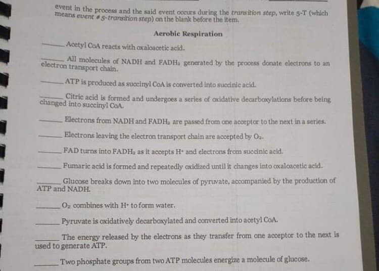 event in the process and the said event occurs dur ing the transition step, write 5-T (which
means event 5-transition step) on the blank before the item.
Aerobic Respiration
Acetyl CoA reacts with oxaloacetic acid.
All molecules of NADH and FADH. generated by the process donate electrons to an
electron transport chain.
ATP is produced as succinyl CoA is converted into suceinic acid.
Citric acid is formed and undergoes a series of oxidative decarboxylations before being
changed into succinyl CoA.
Electrons from NADH and FADH, are passed from one acceptor to the next in a series.
Electrons leaving the electron transport chain are accepted by Oa.
FAD turns into FADH, as it accepts H and electrons from succinic acid.
Fumaric acid is formed and repeatedly oxidized until it changes into oxaloacetic acid.
Glucose breaks down into two molecules of pyruvate, accompanied by the production of
ATP and NADH.
O, combines with H to form water.
Pyruvate is oxidatively decarboxylated and converted into acetyl CoA.
The energy released by the electrons as they transfer from one acceptor to the next is
used to generate ATP.
Two phosphate groups from two ATP molecules energize a molecule of glucose.
