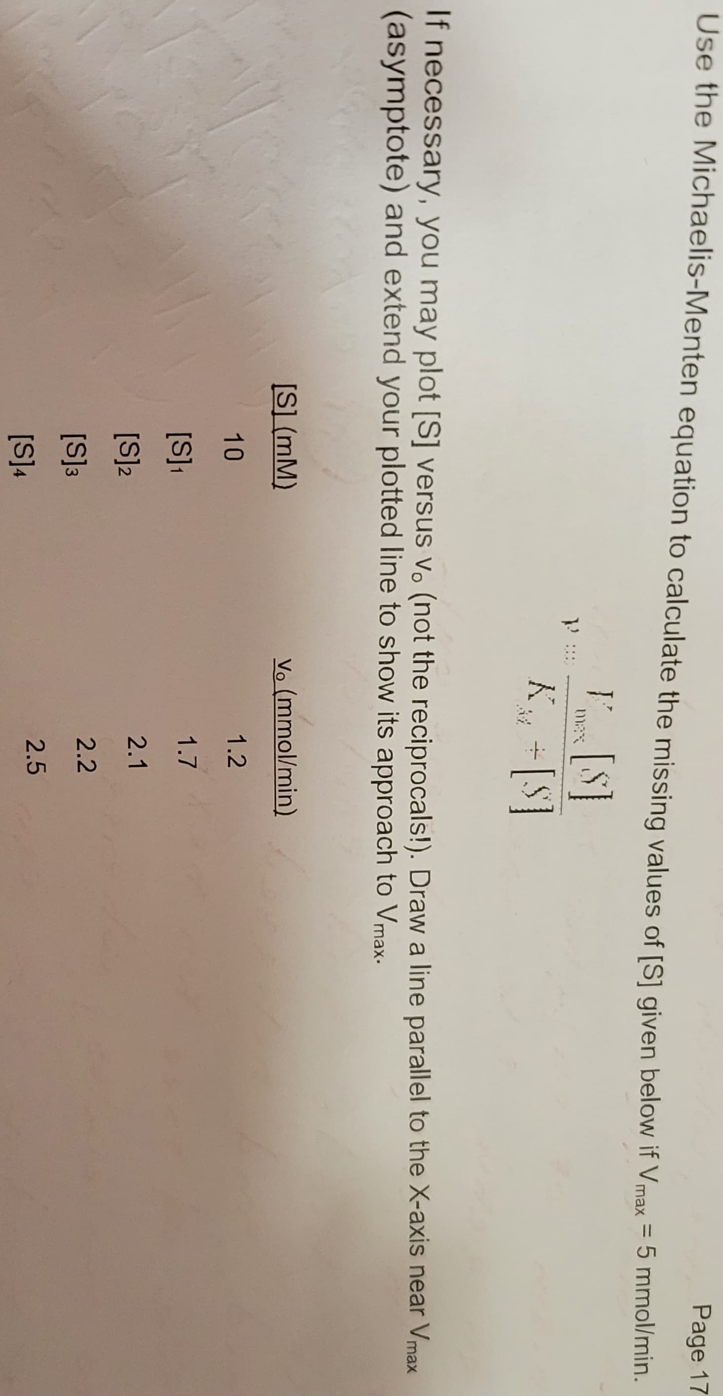 Page 17
Use the Michaelis-Menten equation to calculate the missing values of [S] given below if Vmax = 5 mmol/min.
יך
[S] (MM)
10
[S] ₁
[S]2
[S]3
[S]4
F[$]
K₁, + [S]
If necessary, you may plot [S] versus v. (not the reciprocals!). Draw a line parallel to the X-axis near Vmax
(asymptote) and extend your plotted line to show its approach to Vmax.
Vo (mmol/min)
1.2
1.7
2.1
2.2
2.5