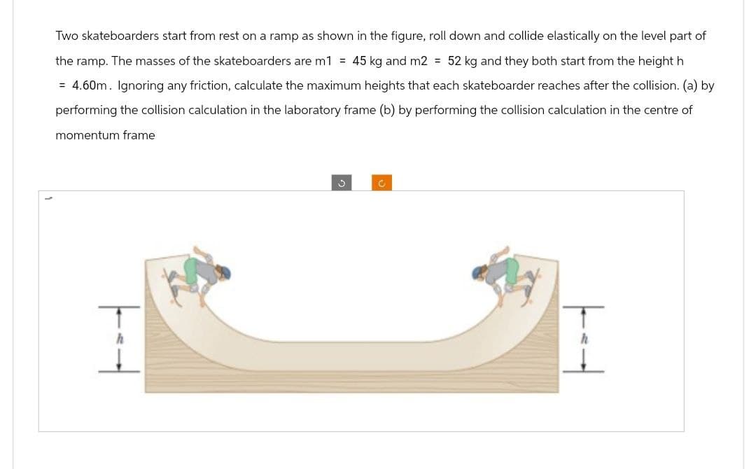 Two skateboarders start from rest on a ramp as shown in the figure, roll down and collide elastically on the level part of
the ramp. The masses of the skateboarders are m1 = 45 kg and m2 = 52 kg and they both start from the height h
= 4.60m. Ignoring any friction, calculate the maximum heights that each skateboarder reaches after the collision. (a) by
performing the collision calculation in the laboratory frame (b) by performing the collision calculation in the centre of
momentum frame