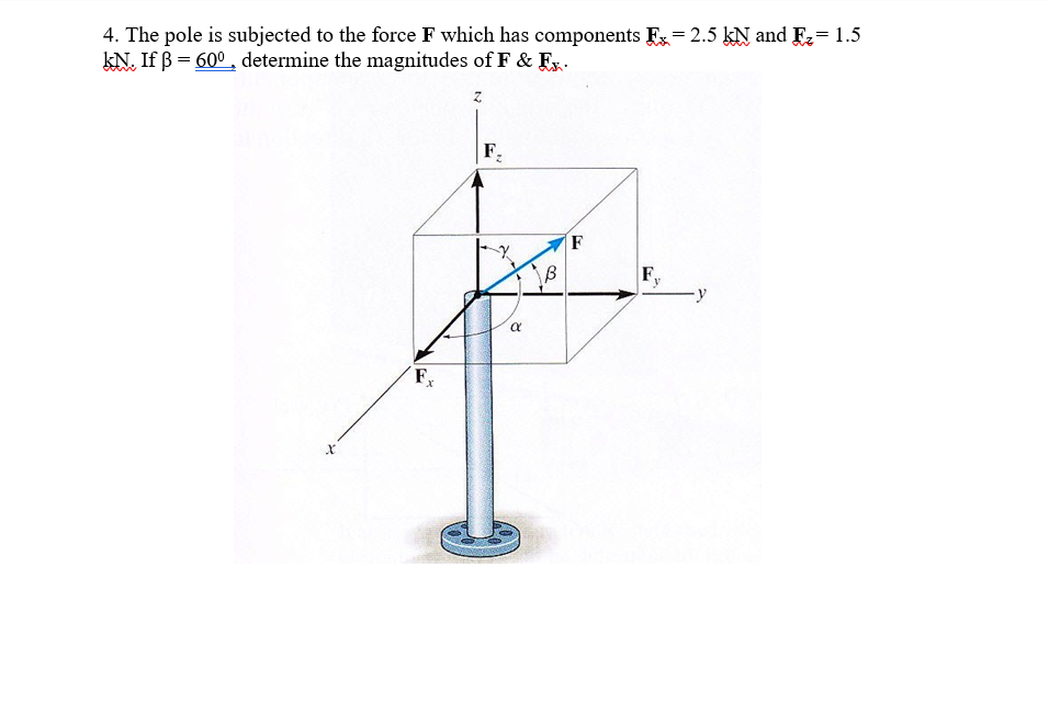 4. The pole is subjected to the force F which has components Fx=2.5 kN and Fz=1.5
kN. If B = 60° , determine the magnitudes of F & Fx.
F
F,
