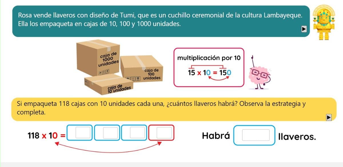 Rosa vende llaveros con diseño de Tumi, que es un cuchillo ceremonial de la cultura Lambayeque.
Ella los empaqueta en cajas de 10, 100 y 1000 unidades.
caja de
1000
unidades
multiplicación por 10
A
caja de
10 unidades
caja de
100
unidades
15 x 10 = 150
Si empaqueta 118 cajas con 10 unidades cada una, ¿cuántos llaveros habrá? Observa la estrategia y
completa.
118 x 10 =
Habrá
llaveros.