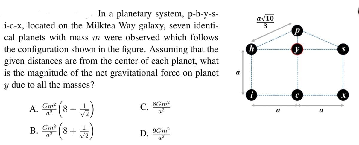 In a planetary system, p-h-y-s-
av10
3
i-c-x, located on the Milktea Way galaxy, seven identi-
cal planets with mass m were observed which follows
the configuration shown in the figure. Assuming that the
given distances are from the center of each planet, what
is the magnitude of the net gravitational force on planet
y due to all the masses?
р
h
y
S
a
i
Gm2
А.
a2
С.
8GM2
a²
1
а
а
-
B. (8 + )
Gm?
a2
D. 9Gm²
a2

