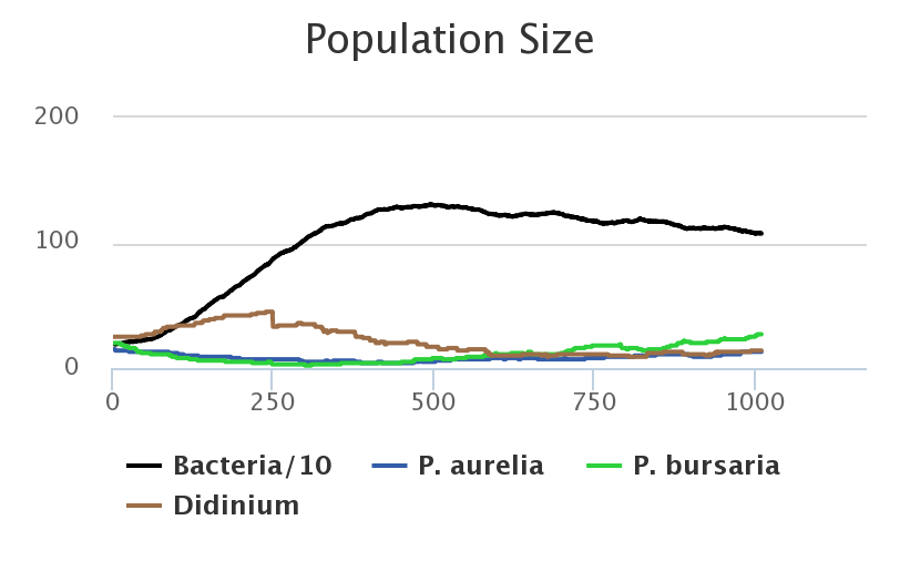 Population Size
200
100
250
500
750
1000
Bacteria/10
- P. aurelia
P. bursaria
Didinium
