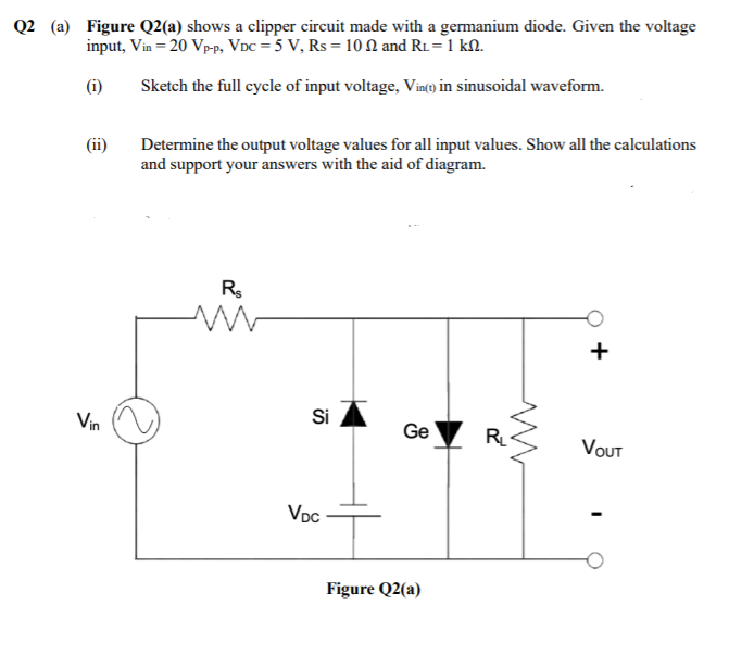 Q2 (a) Figure Q2(a) shows a clipper circuit made with a gemanium diode. Given the voltage
input, Vin = 20 Vp-p, VDc = 5 V, Rs = 10N and RL=1 kN.
(i)
Sketch the full cycle of input voltage, Vin(t) in sinusoidal waveform.
(ii)
Determine the output voltage values for all input values. Show all the calculations
and support your answers with the aid of diagram.
R.
Vin
Si
Ge
R
VOUT
Vpc
Figure Q2(a)
