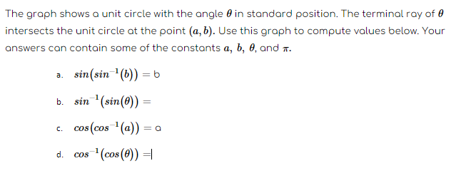 The graph shows a unit circle with the angle in standard position. The terminal ray of
intersects the unit circle at the point (a, b). Use this graph to compute values below. Your
answers can contain some of the constants a, b, 0, and T.
a. sin(sin ¹(b))=b
b.
c.
sin ¹(sin(0)) =
cos (cos ¹(a)) = a
s ¹(cos(0)) =
d. COS