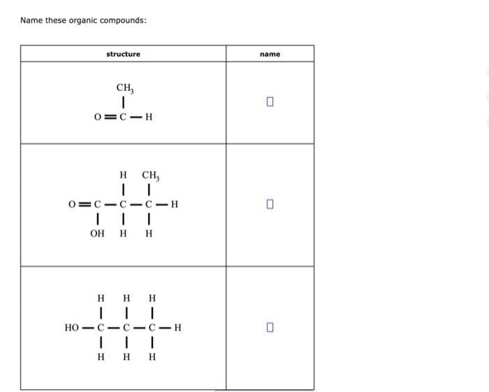 Name these organic compounds:
structure
name
CH,
0=C-H
H CH,
0=C-C-C-H
он н н
H H H
но — с—с —с—н
H H H
