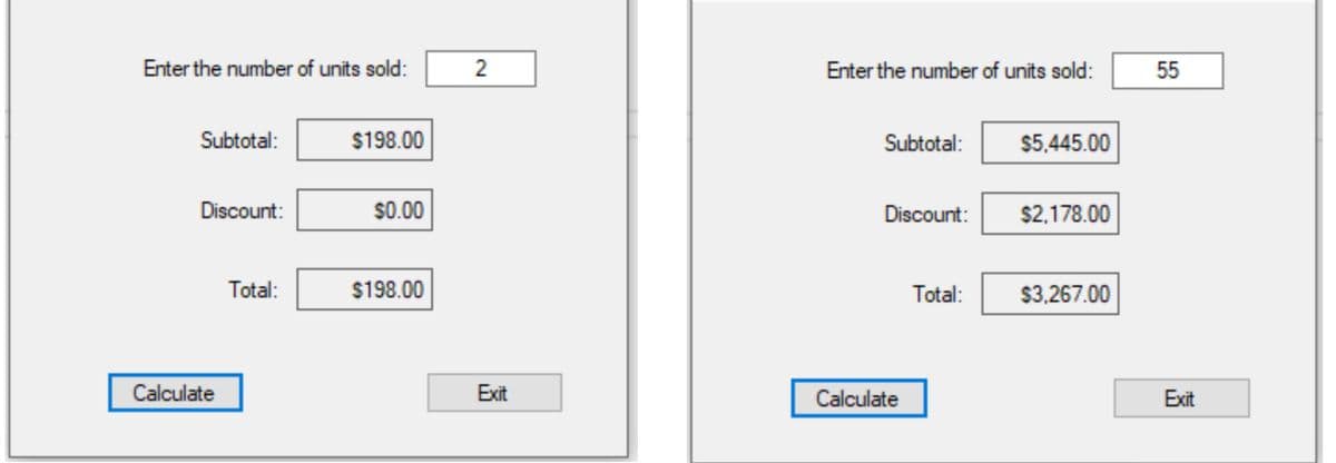 Enter the number of units sold:
2
Enter the number of units sold:
55
Subtotal:
$198.00
Subtotal:
$5,445.00
Discount:
$0.00
Discount:
$2,178.00
Total:
$198.00
Total:
$3,267.00
Calculate
Exit
Calculate
Exit

