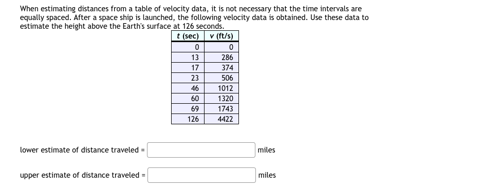 When estimating distances from a table of velocity data, it is not necessary that the time intervals are
equally spaced. After a space ship is launched, the following velocity data is obtained. Use these data to
estimate the height above the Earth's surface at 126 seconds.
t (sec) v (ft/s)
13
286
17
374
23
506
46
1012
60
1320
69
1743
126
4422
lower estimate of distance traveled =
miles
upper estimate of distance traveled =
miles
