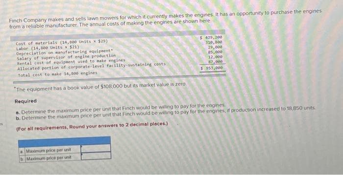Finch Company makes and sells lawn mowers for which it currently makes the engines. It has an opportunity to purchase the engines
from a reliable manufacturer. The annual costs of making the engines are shown here.
Cost of materials (14,800 Units x $29)
Labor (14,800 Units x $21):
$ 429,200
310,800
29,000
85,000
12,000
87,000
$ 953,000
Depreciation on manufacturing equipment
Salary of supervisor of engine production.
Rental cost of equipment used to make engines
Allocated portion of corporate-level facility-sustaining costs
Total cost to make 14,800 engines
"The equipment has a book value of $108,000 but its market value is zero.
Required
o. Determine the maximum price per unit that Finch would be willing to pay for the engines.
b. Determine the maximum price per unit that Finch would be willing to pay for the engines, if production increased to 18,850 units
(For all requirements, Round your answers to 2 decimal places.)
a Maximum price per unit
b Maximum price per unit