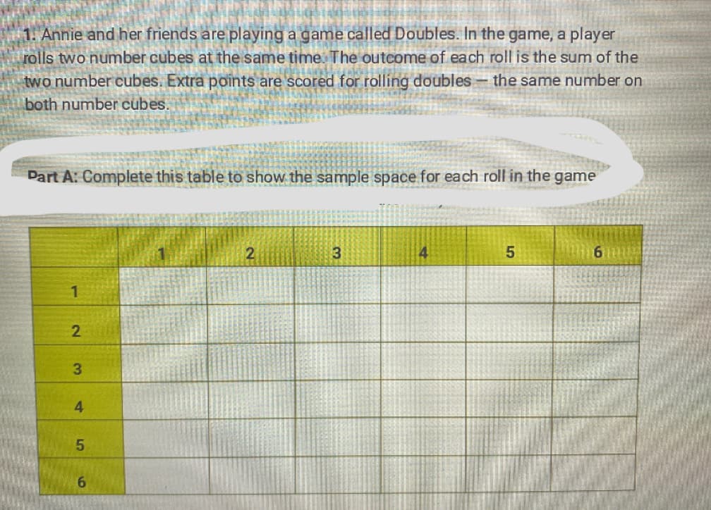 1. Annie and her friends are playing a game called Doubles. In the game, a player
rolls two number cubes at the same time. The outcome of each roll is the sum of the
two number cubes. Extra points are scored for rolling doubles the same number on
both number cubes.
Part A: Complete this table to show the sample space for each roll in the game
2
3
4
5
6
1
2
3
4
5
6
