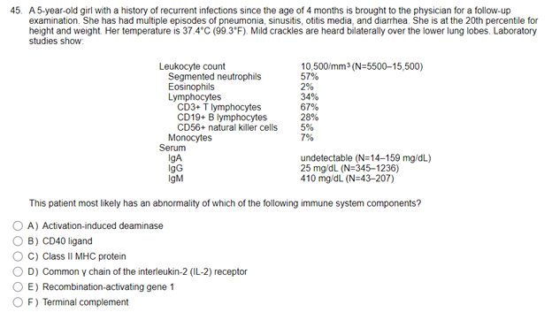 45. A 5-year-old girl with a history of recurrent infections since the age of 4 months is brought to the physician for a follow-up
examination. She has had multiple episodes of pneumonia, sinusitis, otitis media, and diarrhea. She is at the 20th percentile for
height and weight. Her temperature is 37.4°C (99.3°F). Mild crackles are heard bilaterally over the lower lung lobes. Laboratory
studies show:
Leukocyte count
Segmented neutrophils
Eosinophils
10,500/mm³ (N=5500-15,500)
57%
2%
Lymphocytes
34%
CD3+ T lymphocytes
67%
CD19+ B lymphocytes
28%
CD56+ natural killer cells
5%
Monocytes
7%
Serum
IgA
IgG
IgM
undetectable (N=14-159 mg/dL)
25 mg/dL (N=345-1236)
410 mg/dL (N=43-207)
This patient most likely has an abnormality of which of the following immune system components?
A) Activation-induced deaminase
B) CD40 ligand
OC) Class II MHC protein
D) Common y chain of the interleukin-2 (IL-2) receptor
E) Recombination-activating gene 1
F) Terminal complement