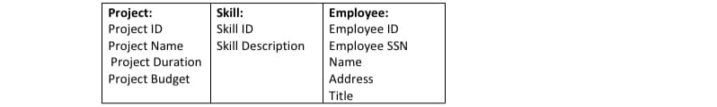 Project:
Project ID
Project Name
Project Duration
Project Budget
Employee:
Employee ID
Employee SSN
Skill:
Skill ID
Skill Description
Name
Address
Title
